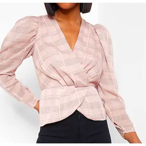 Express Check Print Faux wrap front peplum top - truffle pink - XLarge - Picture 1 of 16